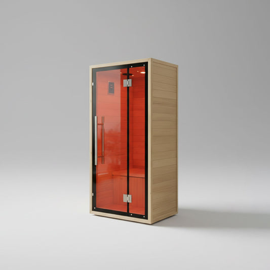 Wooden sauna with red interior on a gray background